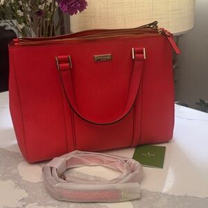 Kate Spade Coral Saffiano Triple-Zip Tote with Gold Hardware